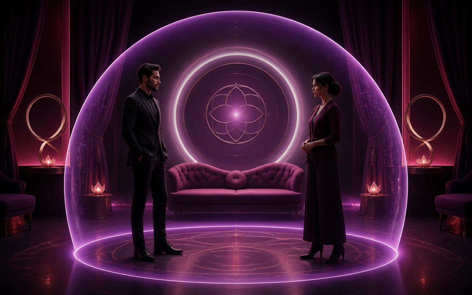 Two fully clothed adults standing inside a protective luminous boundary