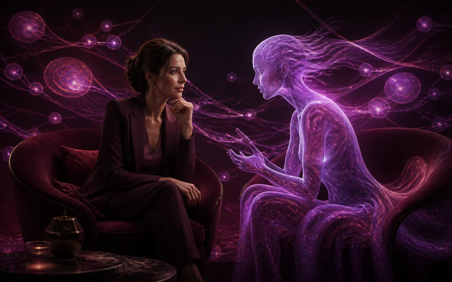 Adult user in conversation with an abstract AI presence connected by memory threads