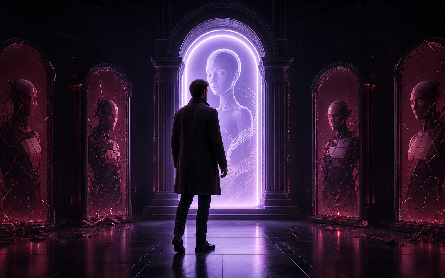 Adult user choosing a verified luminous portal among fragmented decoys