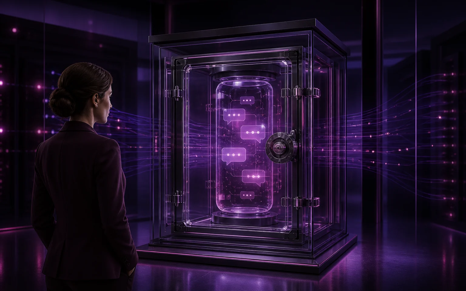 Adult user viewing private conversation data protected inside a glass vault
