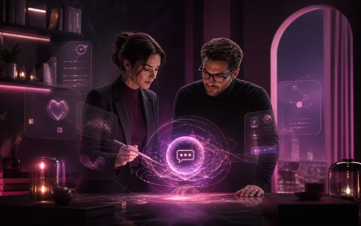 Adult product team collaborating around an abstract conversational AI core